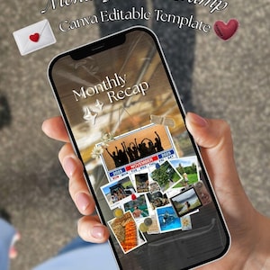 Puede incluir: Plantilla estética de Instagram Story en la pantalla de un smartphone. La pantalla muestra un "Resumen Mensual" con fotos y un calendario de noviembre de 2025. El texto dice: "Aesthetic Instagram Story Monthly Photo Dump Canva Editable Template."