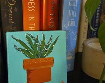 Pintura acrílica original de cebra suculenta con fondo turquesa de 4 x 4 pulgadas