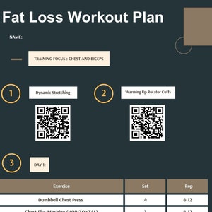 May include: A workout plan for fat loss focusing on chest and biceps. The plan includes dynamic stretching, warming up rotator cuffs, and a day 1 workout with dumbbell chest press and chest fly machine exercises. The workout plan includes sets and reps for each exercise.