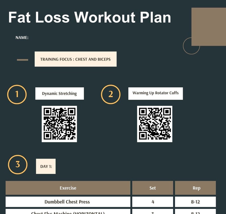 May include: A workout plan for fat loss focusing on chest and biceps. The plan includes dynamic stretching, warming up rotator cuffs, and a day 1 workout with dumbbell chest press and chest fly machine exercises. The workout plan includes sets and reps for each exercise.