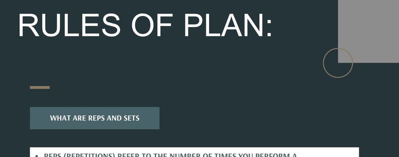 May include: A dark green background with white text that reads "RULES OF PLAN:" and a button that says "WHAT ARE REPS AND SETS".