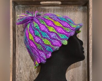 Small size, crochet cap hat, Rainbow beanie cap, vibrant color yarn, pompom hat, green purple, cozy hat, wave stitch, handmade hat for women