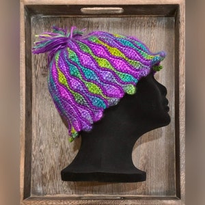 Small size, crochet cap hat, Rainbow beanie cap, vibrant color yarn, pompom hat, green purple, cozy hat, wave stitch, handmade hat for women image 1