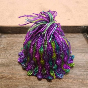 Small size, crochet cap hat, Rainbow beanie cap, vibrant color yarn, pompom hat, green purple, cozy hat, wave stitch, handmade hat for women image 4