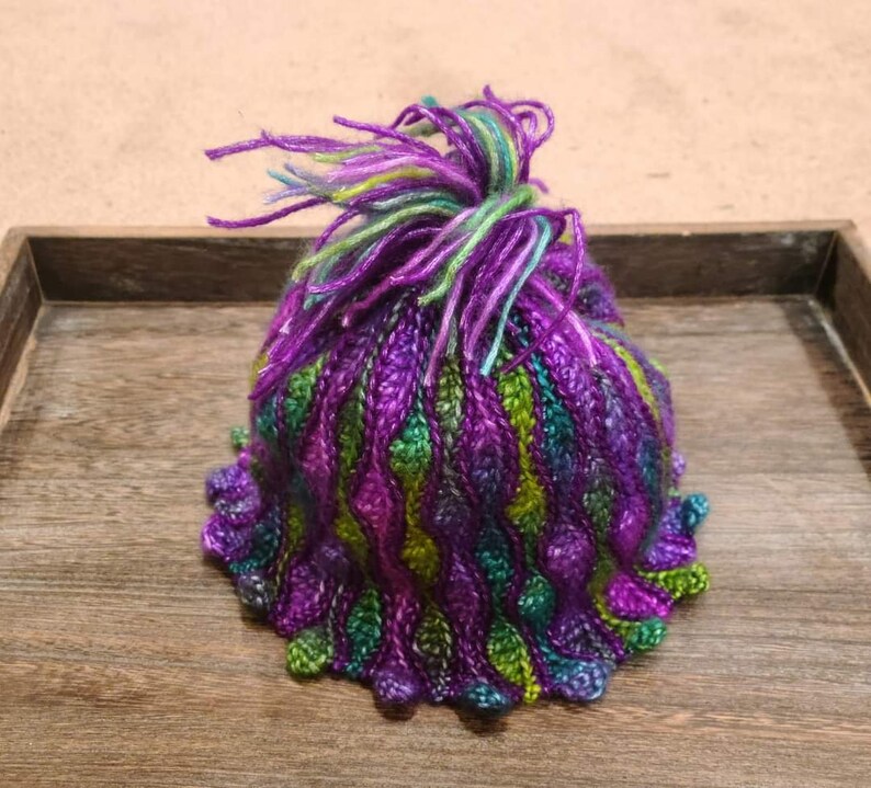 Small size, crochet cap hat, Rainbow beanie cap, vibrant color yarn, pompom hat, green purple, cozy hat, wave stitch, handmade hat for women image 4