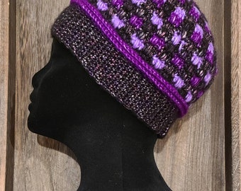 Purple variegated, mixed purple crochet hat, magenta, lavender, sparkle yarn, sparkly beanie, hand crocheted cap, crochet art headwear