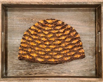 Orange and brown hat, orange waves, orange hat, Halloween gifts for her, hand crocheted hat, crochet waves, fall colors, variegated orange