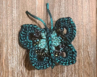 Teal color crochet butterfly, hand crocheted ornament, handmade decoration, gift for lepidopterist, lepidoptery, yarn decor, crochet art
