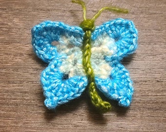 Light blue butterfly, cream and green hand crochet, gift for lepidopterist, lepidoptery, crochet art, handmade ornament, yarn decor bug
