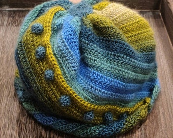 Blue, teal, green, yellow, cream colored hat, hand crocheted beanie, fake button decoration trim, women's size cap, spring gift for women