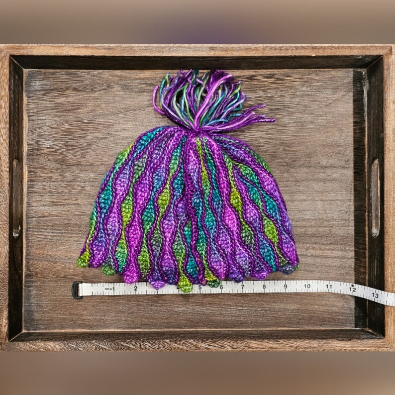 Small size, crochet cap hat, Rainbow beanie cap, vibrant color yarn, pompom hat, green purple, cozy hat, wave stitch, handmade hat for women image 5