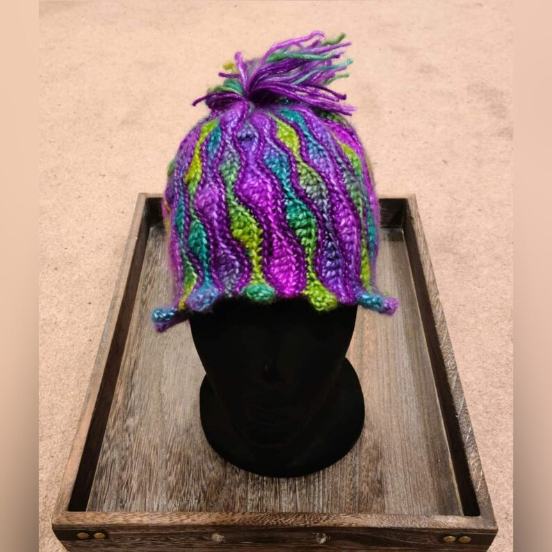 Small size, crochet cap hat, Rainbow beanie cap, vibrant color yarn, pompom hat, green purple, cozy hat, wave stitch, handmade hat for women image 3