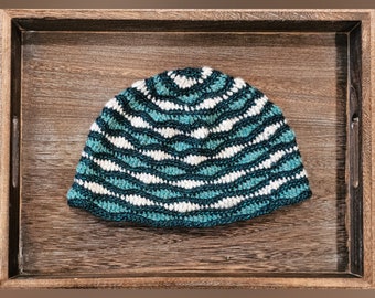 Teal and white wave stitch hat, shades of blue, hand crocheted hat, lightweight beanie, fall hat, stripe pattern, homemade crafts