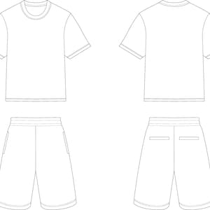 May include: A white t-shirt and white shorts set. The t-shirt has short sleeves and a crew neck. The shorts have a drawstring waist and pockets.