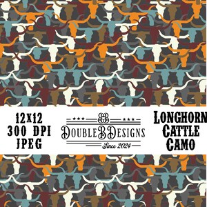 May include: A repeating pattern of longhorn cattle heads in shades of orange, brown, blue, and white on a grey background. The image includes the text "12x12 300 DPI JPEG" and "DOUBLE B DESIGNS Since 2024" and "LONGHORN CATTLE CAMO".