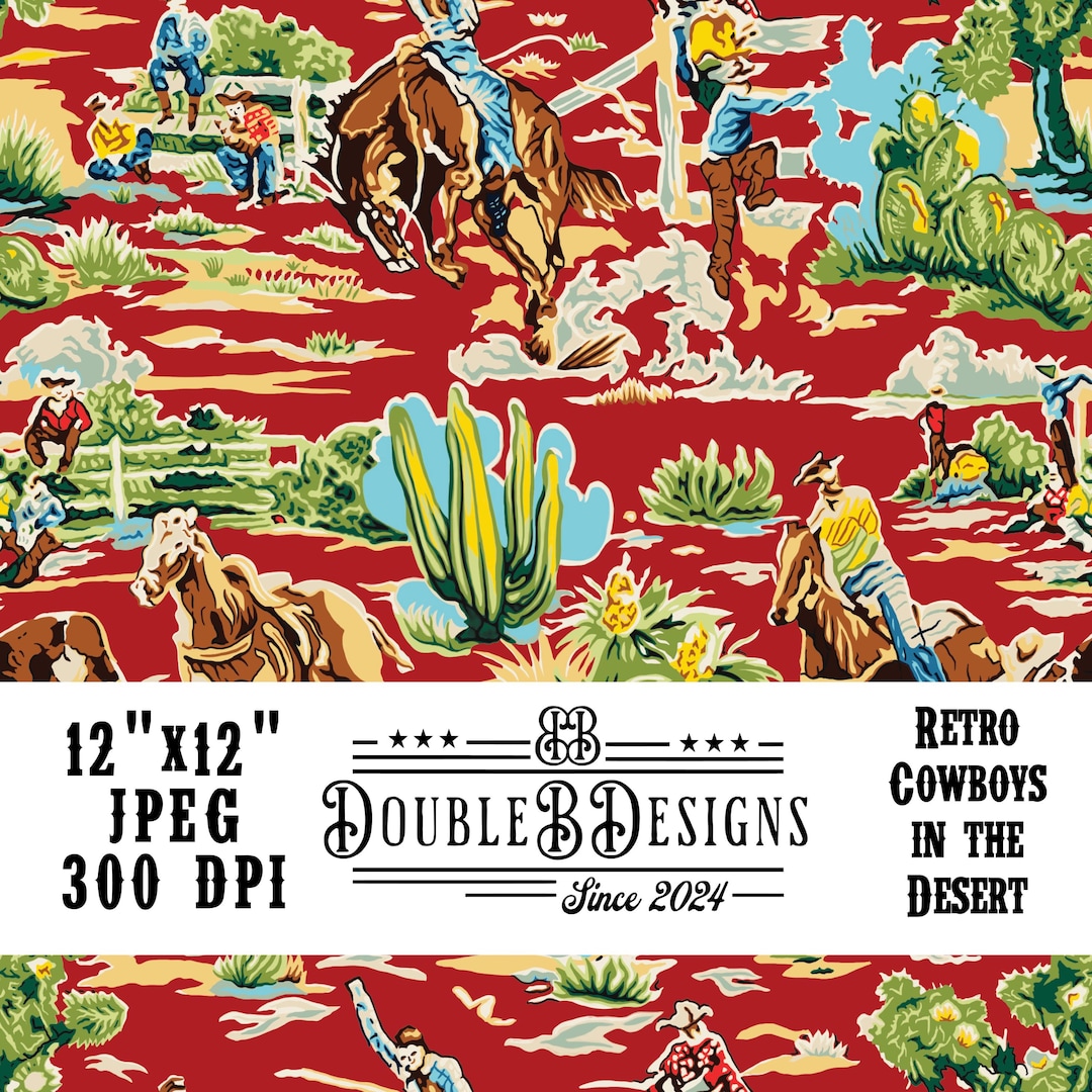 Retro Cowboy in the Desert Seamless Pattern on Red - Etsy