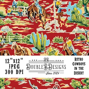 May include: A seamless pattern featuring retro cowboys riding horses in a desert landscape. The pattern is in a red, green, blue, and yellow color scheme. The text "RETRO COWBOYS IN THE DESERT" is at the bottom of the image. The text "DOUBLE B DESIGNS" is in the center of the image.