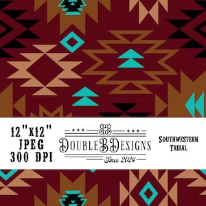 May include: A Southwestern tribal pattern design in burgundy, brown, black, and turquoise. The design features geometric shapes and is 30.48 cm x 30.48 cm. The image includes the text "Double B Designs" and "Since 2024".
