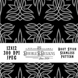 Könnte beinhalten: Ein schwarz-weißes nahtloses Muster mit einem dekorativen Design aus stilisierten Blättern und Wirbeln. Das Muster ist mit einem weißen Stich umrandet. Der Text "BOOT STICH SEAMLESS PATTERN" befindet sich am unteren Rand des Bildes. Der Text "DOUBLEB DESIGNS" befindet sich in der Mitte des Bildes mit dem Text "Since 2024" darunter. Der Text "12x12 300 DPI JPEG" befindet sich in der oberen linken Ecke des Bildes.