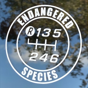 May include: White sticker with the words "ENDANGERED SPECIES" in a circular design. The center features a gear shift pattern with the letters "R", and numbers "135" and "246". The sticker is applied to a window.