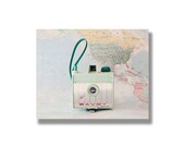 Retro mint camera photo canvas gallery wrap, wanderlust, pastel, vintage camera canvas wall art, pastel world map wall art- Take me with you