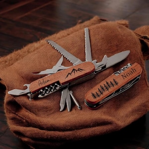 Personalized multi-function knife, groomsman gift, adventurer gift, personalized wooden knife, hiker gift