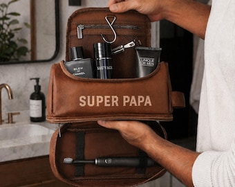 Cadeau fête des père, Cadeau pour homme, Trousse de toilette personnalisée cuir pour homme,  Trousse de voyage personnalisée