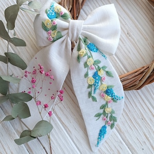 Embroidered hair bow, Linen hair bow, Hair accessories, Hand embroidered barrette, Bow hair tie, Gifts for her,Graduation