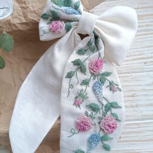 Embroidered hair bow, Linen hair bow, Hair accessories, Hand embroidered barrette, Bow hair tie, Gifts for her,Graduation