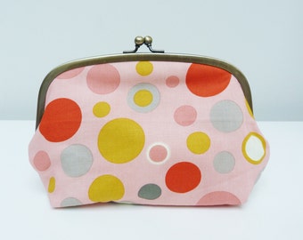 Makeup bag, multi colour spotty fabric, cotton pouch, travel bag, handbag organiser, pencil case, gadget pouch, pink purse, spotty purse