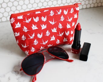 Origami bird purse, red and white cotton origami bird fabric, face mask pouch, Japanese print, gifts for her, Japanese gift, gifts for girls