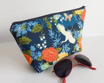 Floral cosmetic bag, blue cotton Japanese floral fabric, stork print, gifts or her, gifts for women, floral purse, gifts for mum, cotton bag
