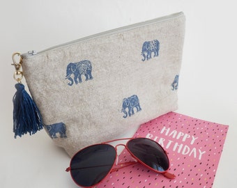 Elephant clutch bag, indigo blue and beige linen fabric, elephant print, cotton handbag, gifts for her, gift for my wife, elephant gift