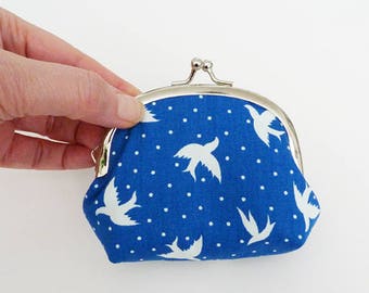 Coin purse, bird fabric, blue and white bird design, cotton purse
