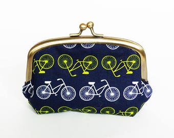 Coin purse, bicycle fabric, blue and green cotton bicycle design, cotton purse
