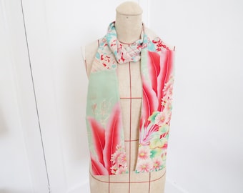 Écharpe kimono, tissus kimono vintage japonais, turquoise et rose, cadeau pour elle, cadeaux pour femme, cadeau kimono, cadeau japonais, écharpe japonaise