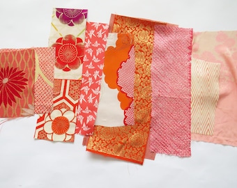 Retales de tela japonesa vintage, kimono y obi, color crema coral rojo