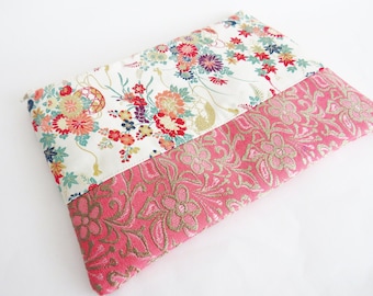 Vintage Japanese Obi Fabric Clutch: Cream & Pink Floral Evening Purse