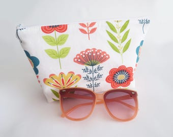 Bolsa de cosméticos floral: bolsa de algodón blanco con cremallera, organizador de bolsos