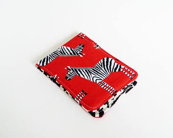 Card case, zebra fabric, red cotton zebra design, cotton case