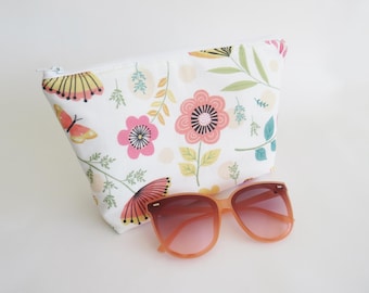 Bolsa de cosméticos floral, bolsa con cremallera, estampado floral de algodón