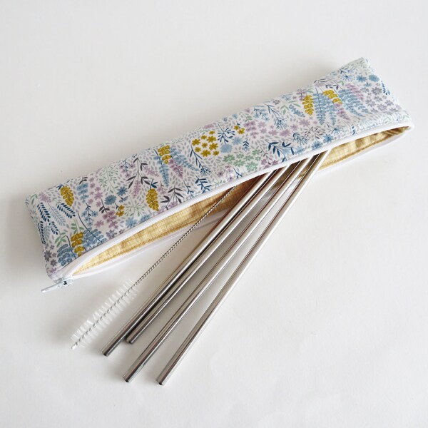 Straw pouch, washable straw case, reusable straws pouch, white foliage print, gifts for her, crochet hook case, chopstick case, pencil case