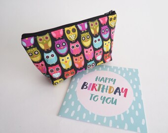 Owl Zipper Pouch: Colorful Cotton Fabric, Owl Lover Gift
