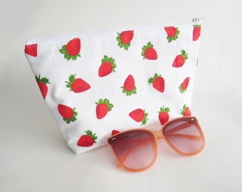 Strawberry cosmetic bag, white and red cotton strawberry print, summer purse, makeup bag, pencil case, handbag organiser, gifts for her