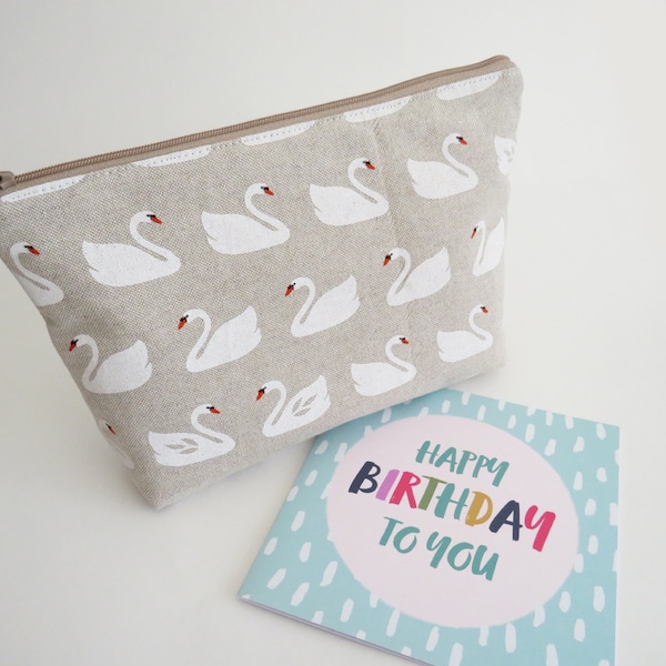 Swan cosmetic bag, swan gift, swan lover gift, swan print, cotton makeup bag, gadget pouch, white swans fabric, white and beige cotton print