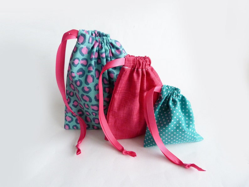 reusable gift bags hot pink polka dot Set of three gift bags pink and turquoise cotton gift bags washable gift bags leopard print