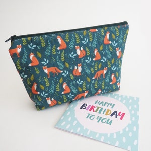 Trousse de toilette renard, trousse de maquillage, imprimé renard en coton vert, cadeau pour amoureux du renard, cadeaux pour elle, renards fantaisie, sac à main vert, cadeaux pour femme, renards