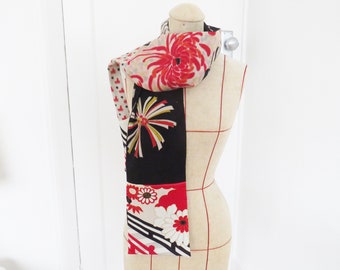 Vintage Kimono Fabric Scarf: Red, Black, & White Decorative Patchwork Scarf