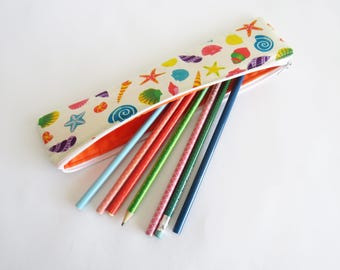 Shell straw pouch, pencil case, multi colour cotton shell print fabric, picnic accessory, seaside gift, sea lover gift, seashells, gift idea