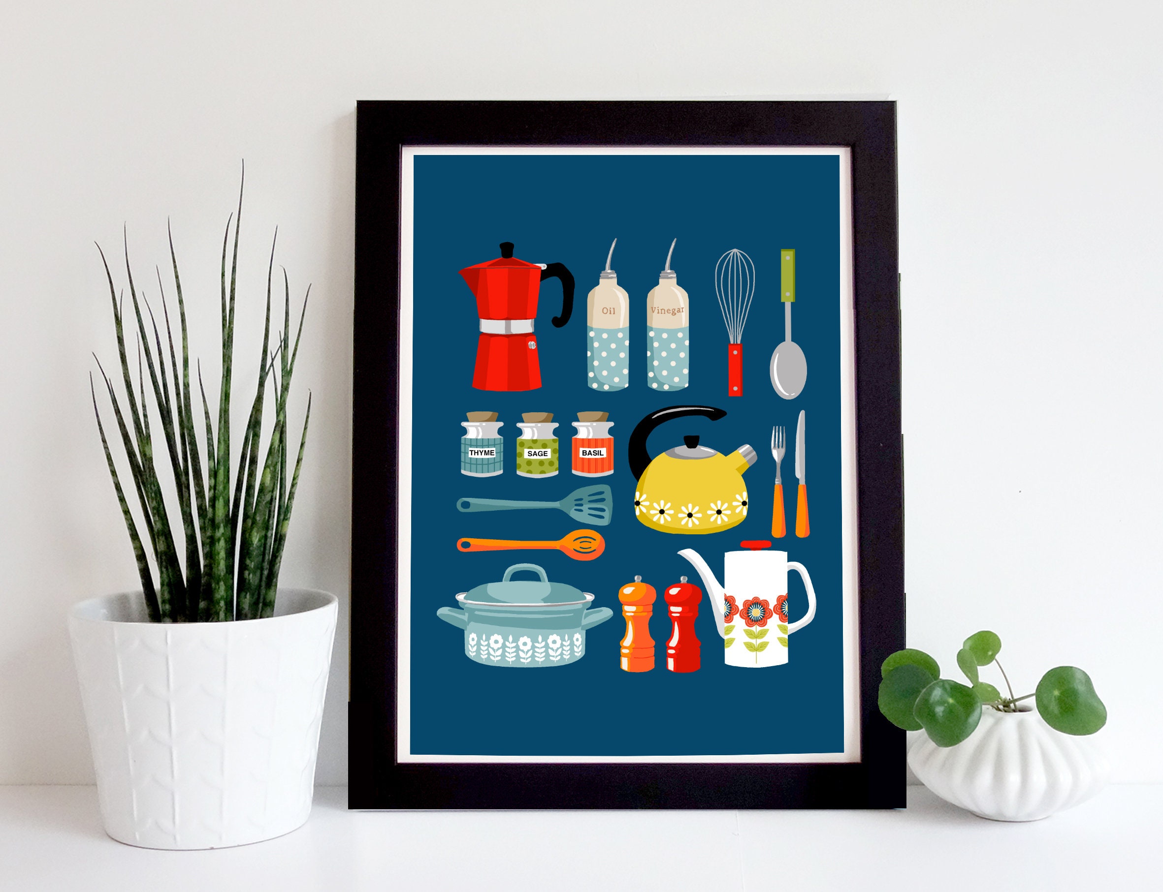 Mid-Century Modern Kitchen Print: Enamelware & Utensils Art